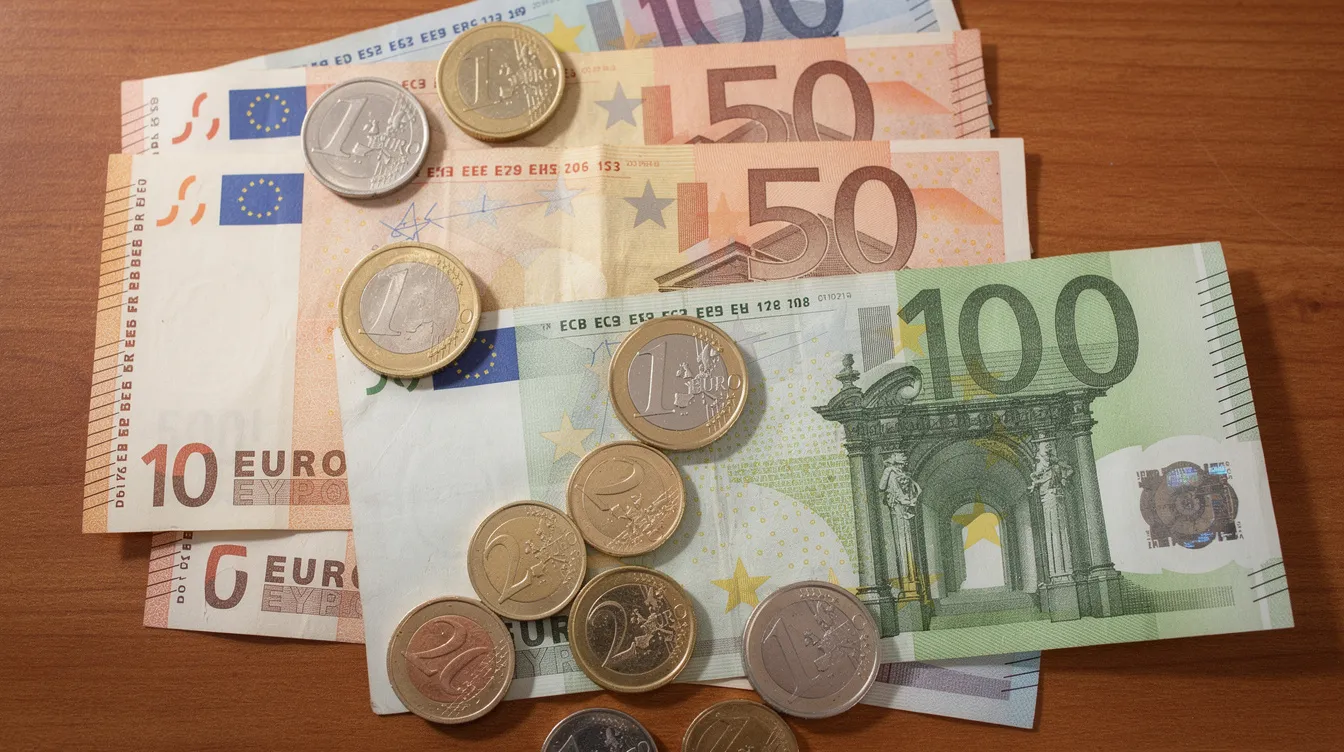 An assortment of European euro banknotes and coins is neatly arranged on a wooden surface, showcasing various denominations and designs. This image highlights the currency that plays a significant role in the job market across countries like Romania, where job opportunities are available in diverse sectors.
