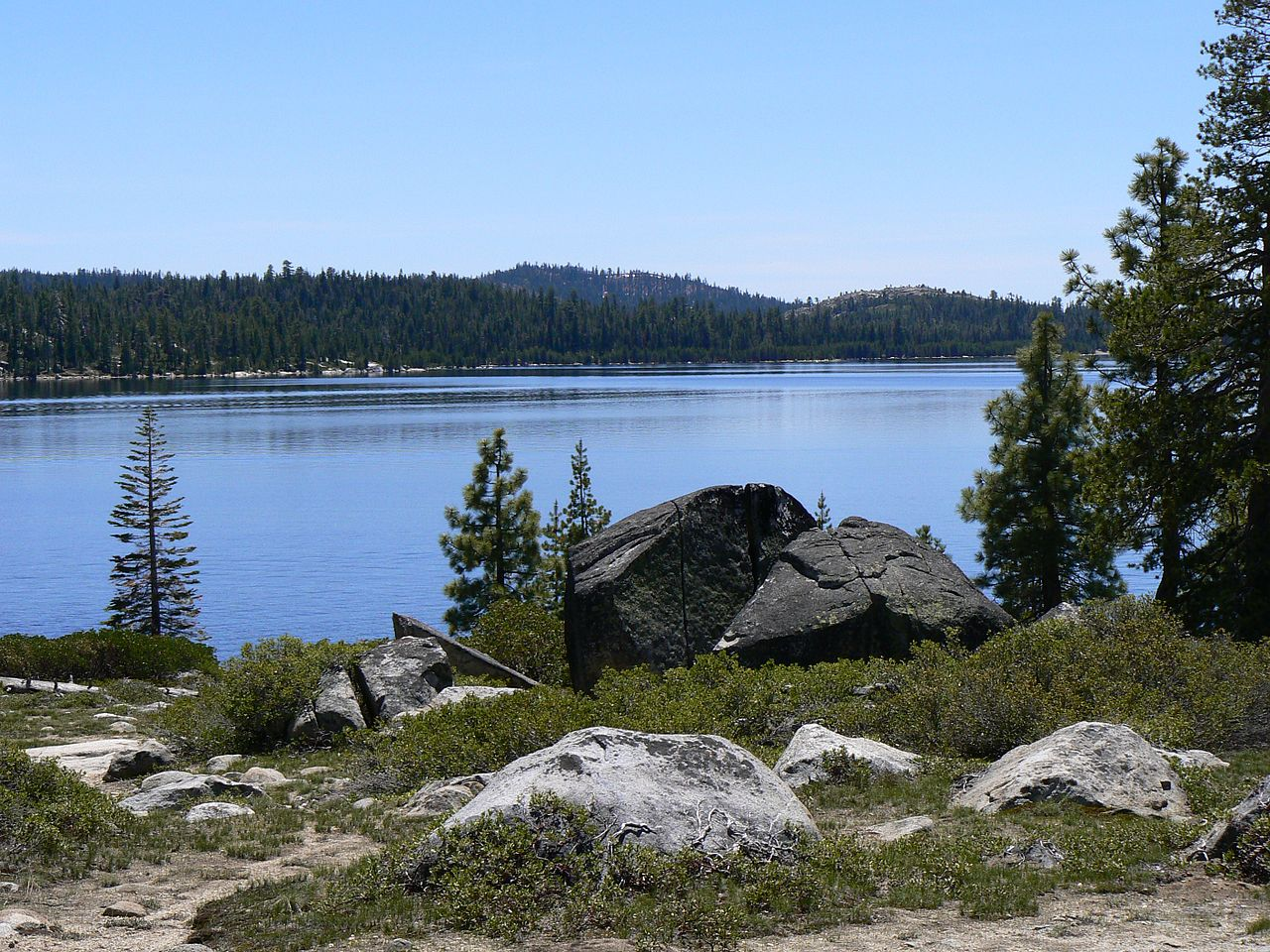 lake, rocks, pine trees
