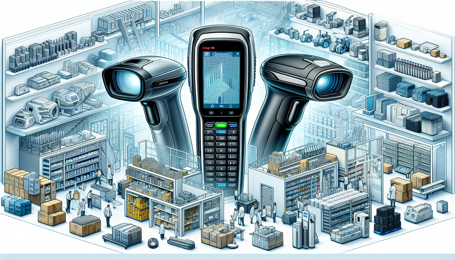 Illustration of various Honeywell barcode scanner models for different industries
