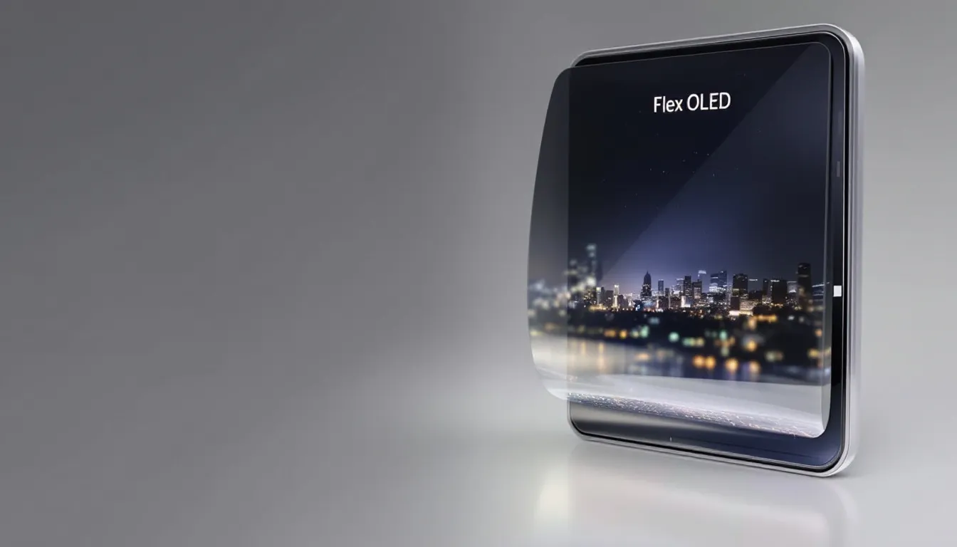 An image of a foldable or rollable OLED display, showcasing its sleek and flexible design, which utilizes organic light emitting diodes to emit vibrant colors and bright light. The display demonstrates advanced OLED technology, highlighting the potential for portable and innovative television screens.