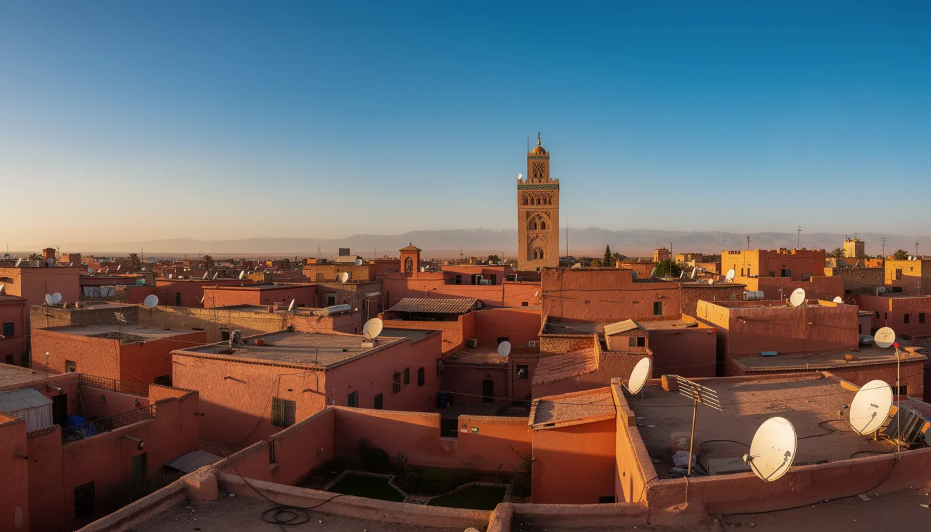 A panoramic view of Marrakech showcases the city's terracotta rooftops, with the Koutoubia Mosque minaret prominently rising against a clear blue sky, reflecting the rich history and vibrant culture of Morocco. This image captures the essence of a visit to Morocco, highlighting its ancient cities and stunning architecture.