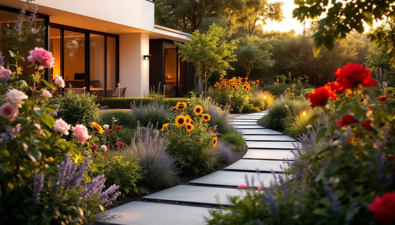 A beautifully lit pathway and garden area, enhanced by outdoor lighting, demonstrating effective landscape lighting techniques.