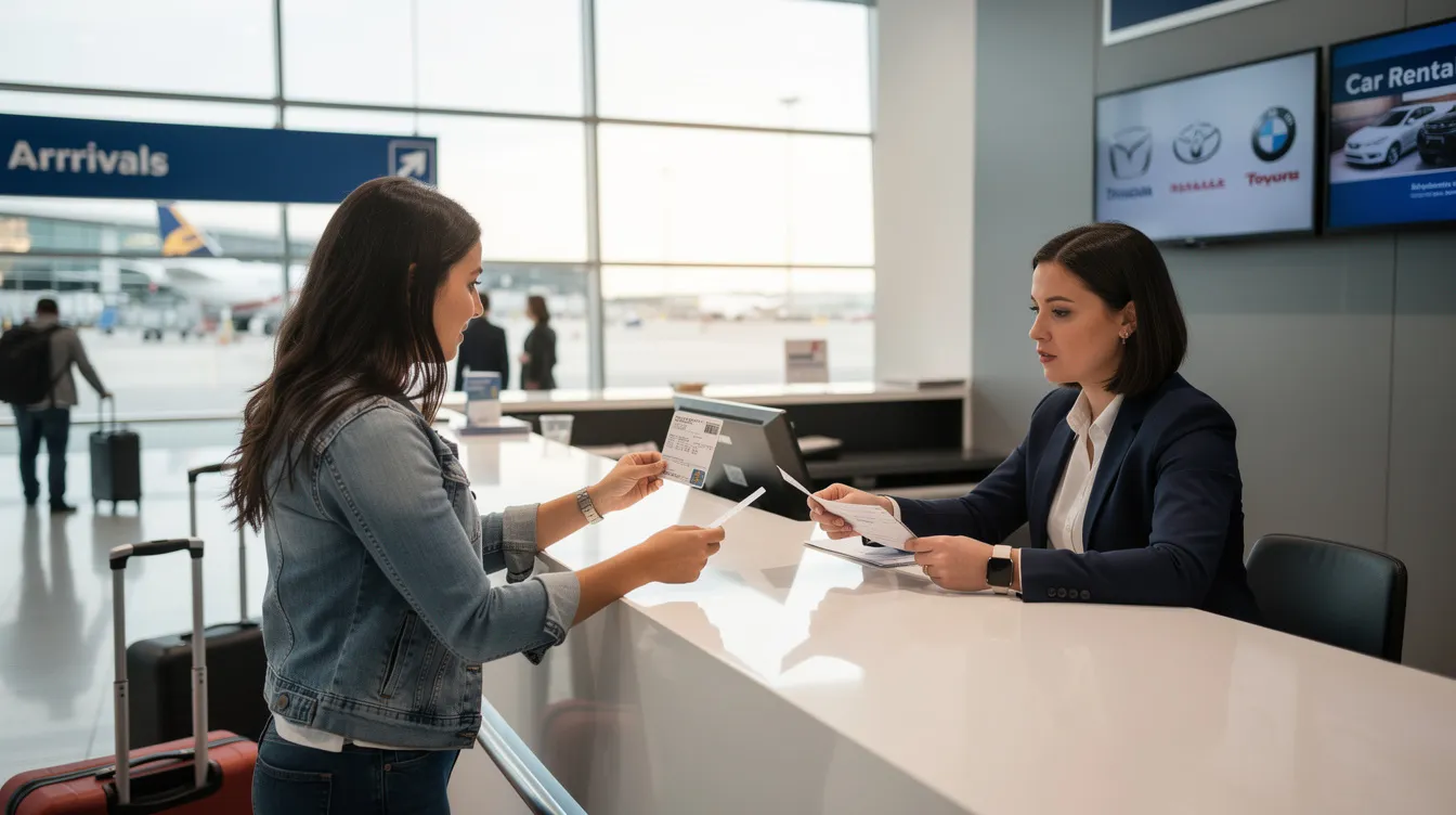 A person is presenting their documents, including a driver's license and an international driving permit (IDP), to a car rental agent at an airport counter. This interaction highlights the importance of having valid identification and understanding local driver's licensing laws when renting a vehicle in foreign countries.