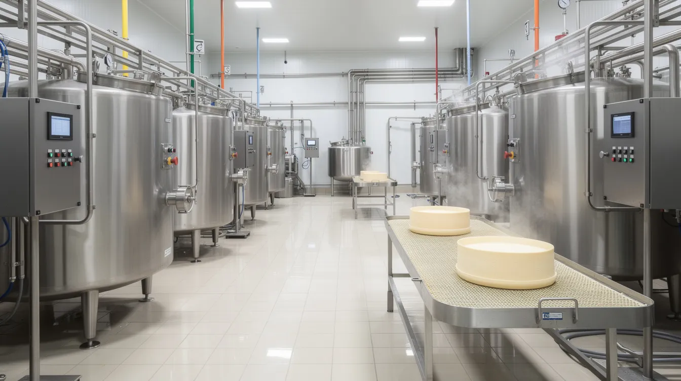 8f5c9b96 211d 4de1 aead 3a3eb28a7a86 The image depicts modern stainless steel cheese manufacturing equipment situated inside a clean and organized dairy processing facility, highlighting the advanced technology used in the cheese production process. This setup is essential for ensuring operational efficiency and quality in the dairy industry, particularly in the production of processed cheese.
