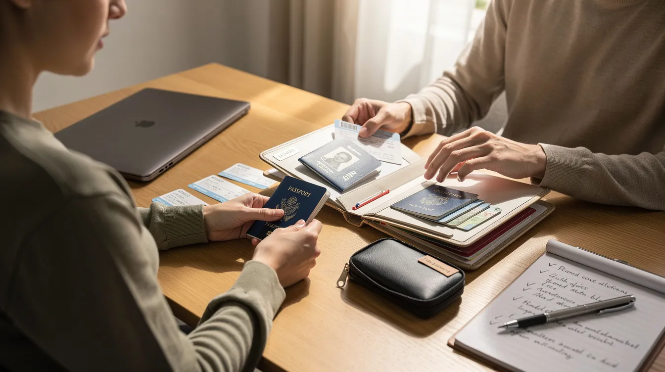 An individual is seen carefully organizing essential documents such as passports and various paperwork on a desk, likely in preparation for navigating UK immigration rules or applying for a visa route. The scene suggests a focus on immigration status and the importance of maintaining orderly records for visa grants or family visa applications.