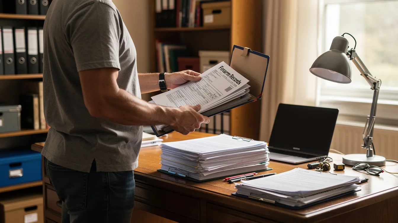 An individual is organizing paperwork and firearm records into a home filing folder, reflecting the importance of adhering to Rhode Island firearms laws and ensuring proper documentation for gun ownership. This scene highlights the responsibility of firearm owners in maintaining compliance with both state and federal laws.