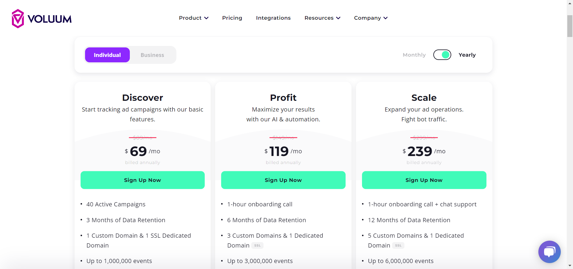 Voluum pricing page
