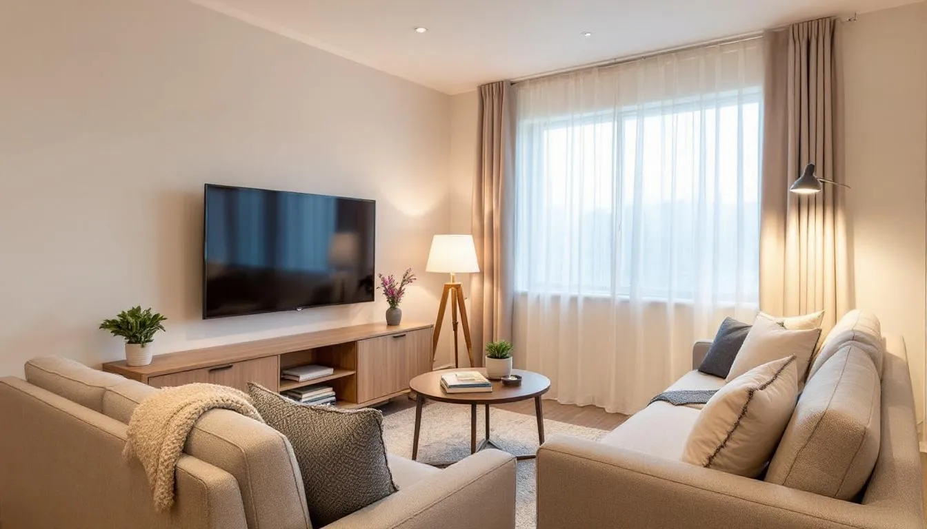 An image representing an AirBNB property, showcasing a cozy and inviting vacation rental space with modern furnishings and a welcoming atmosphere. The setting highlights the potential for generating rental income while navigating tax laws related to short term rentals and associated costs like cleaning fees and mortgage interest.