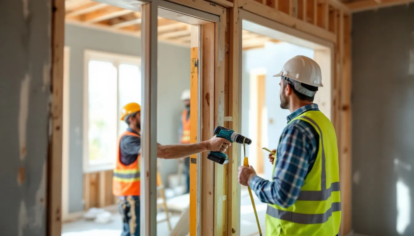 In de afbeelding zijn monteurs bezig met het installeren van nieuwe kunststof kozijnen in een woning. Ze werken zorgvuldig aan de montage, waarbij ze aandacht besteden aan de juiste afmetingen en het type kozijn voor optimale isolatie en energiebesparende maatregelen.