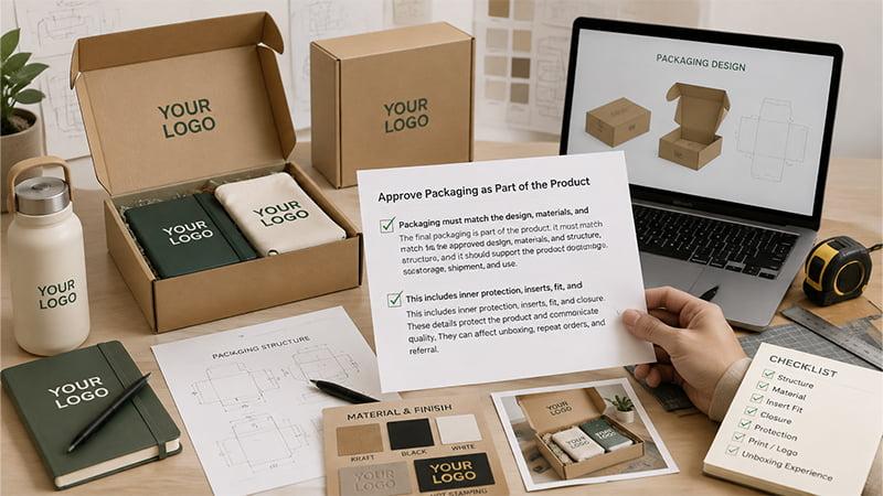 Custom branded swag box packaging design with promotional gifts, inserts, and packaging checklist for corporate events
