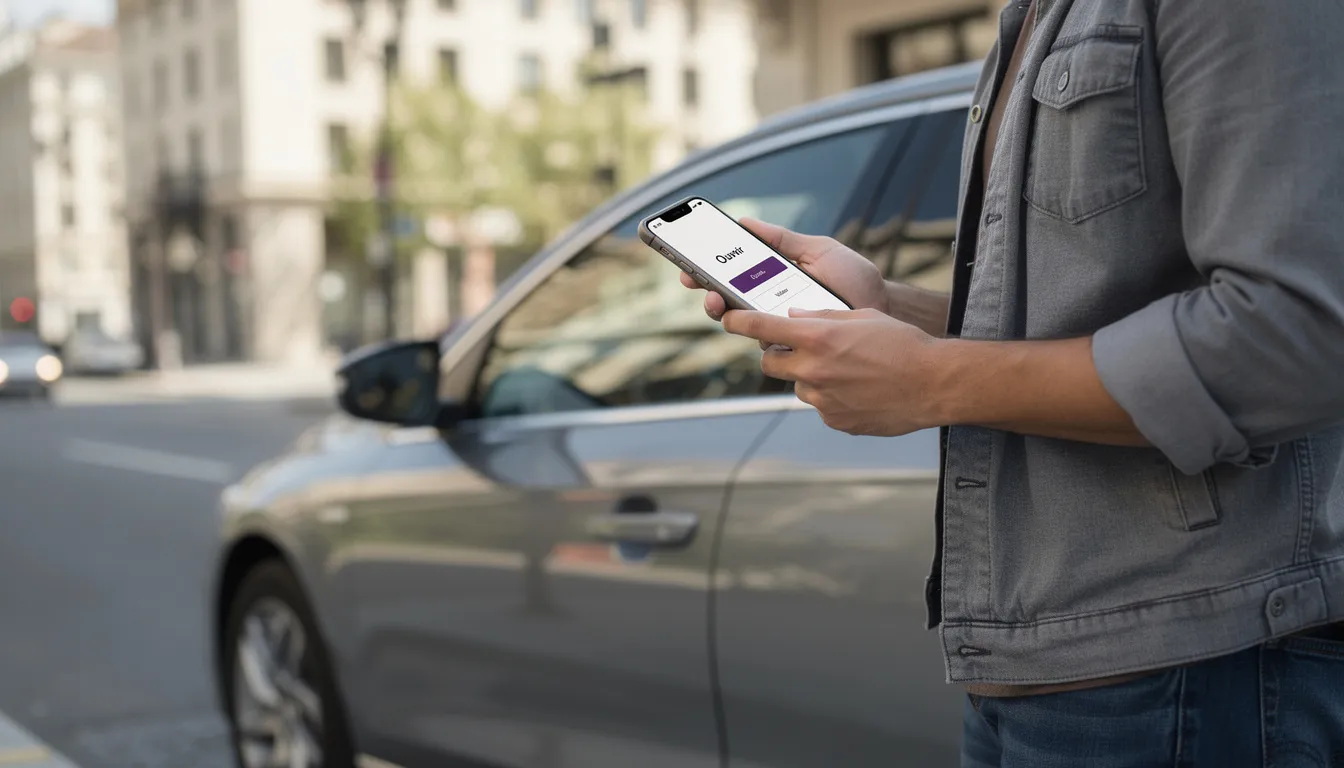 Une personne utilise une application sur son smartphone, assise à côté d'une voiture de location. Cette scène illustre l'importance de la gestion des contrats de location et des assurances, notamment en ce qui concerne la franchise de location voiture et la couverture en cas de sinistre.
