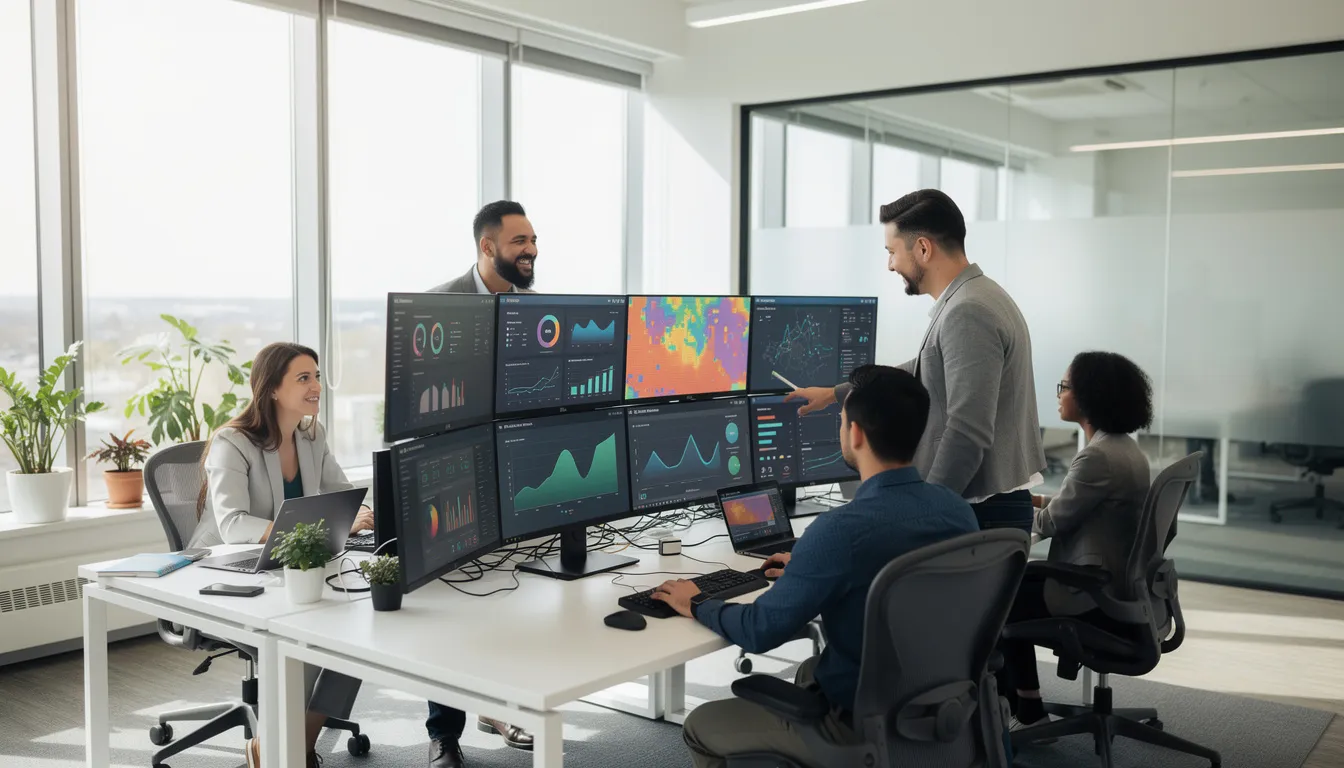 The image depicts a modern office workspace where several people are engaged in analyzing website data on large monitors, highlighting the importance of AI-driven tools in enhancing search visibility and understanding user intent. This collaborative environment reflects a focus on developing effective SEO strategies and utilizing authority signals to improve Google rankings.