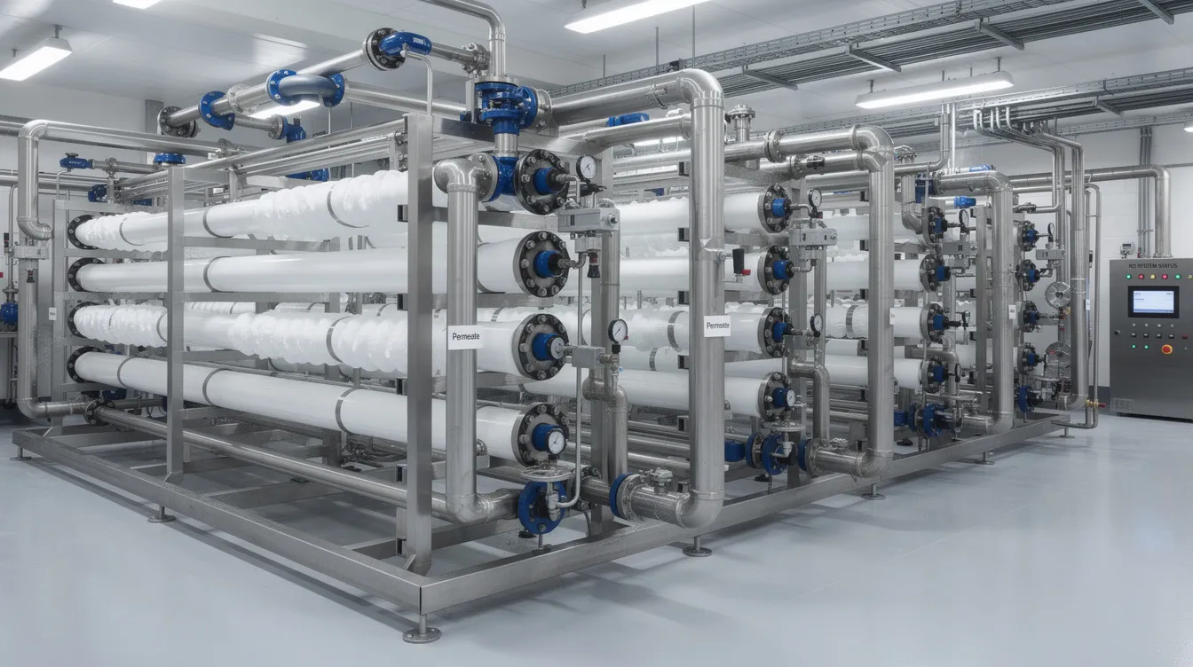 8f64b2fd baa0 42c3 95f5 45275c3e9603 The image depicts an industrial reverse osmosis membrane filtration system within a water treatment facility, showcasing advanced equipment designed to efficiently process large quantities of wastewater for ethanol production and other industrial applications. This system plays a critical role in achieving zero liquid discharge, ensuring compliance with environmental standards while optimizing operating costs.