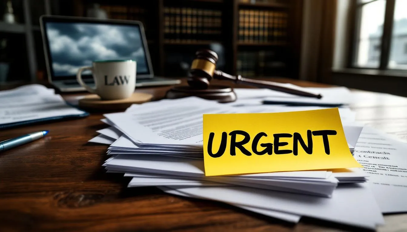 The image depicts legal documents alongside a gavel, symbolizing the urgent legal intervention needed for debt issues such as debt settlement and debt collection defense. This representation highlights the importance of seeking assistance from a debt settlement attorney or lawyer to navigate financial challenges.