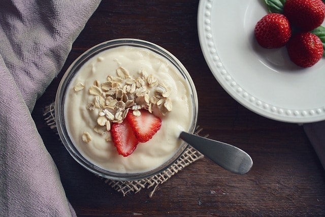 yogurt, strawberries, food