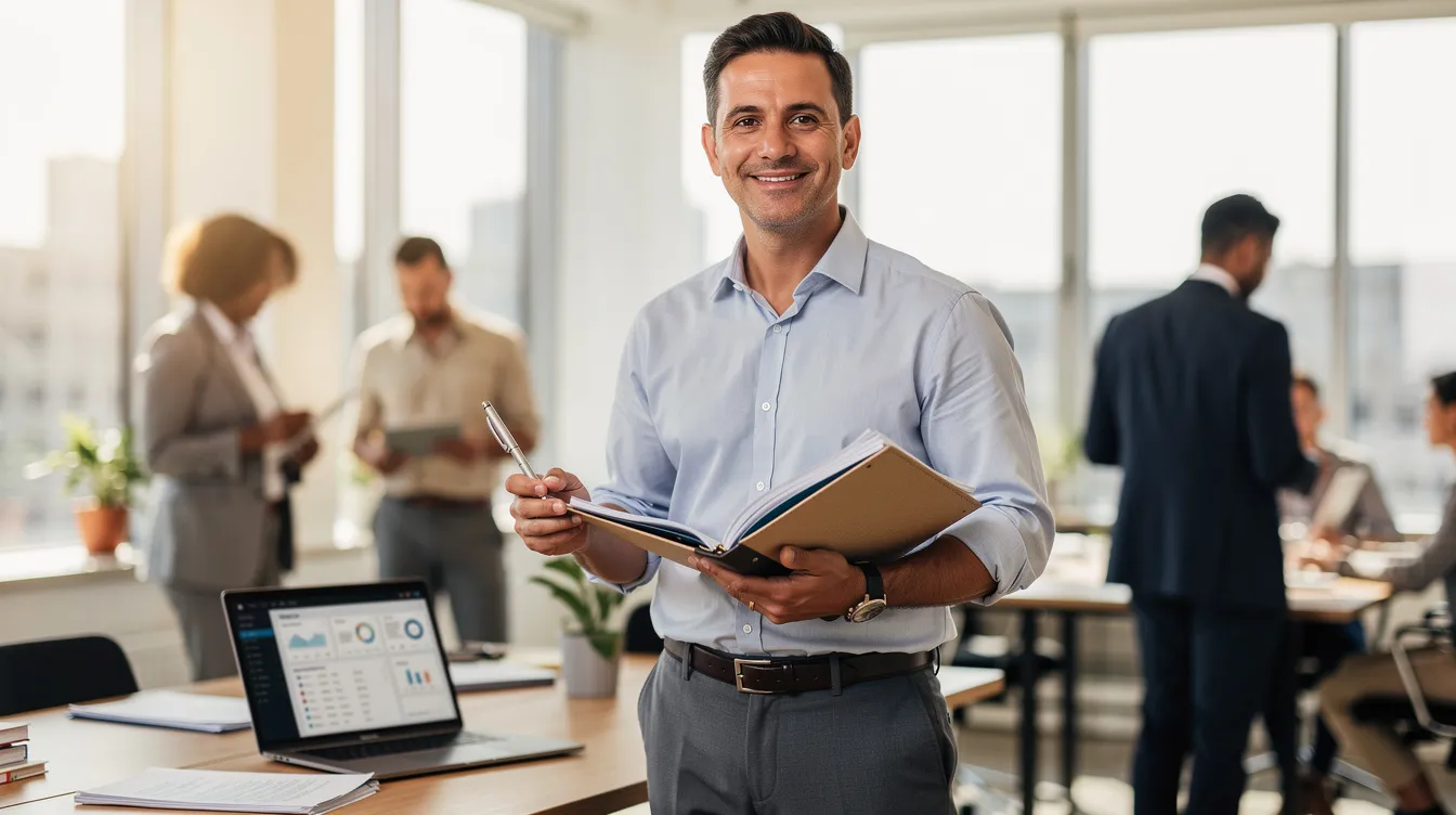 The image depicts a confident small business owner in a bustling office environment, celebrating the successful acquisition of business funding to hire marketing firms. This moment highlights the advantages of securing capital through options like merchant cash advances, which can boost cash flow and support future credit card sales.