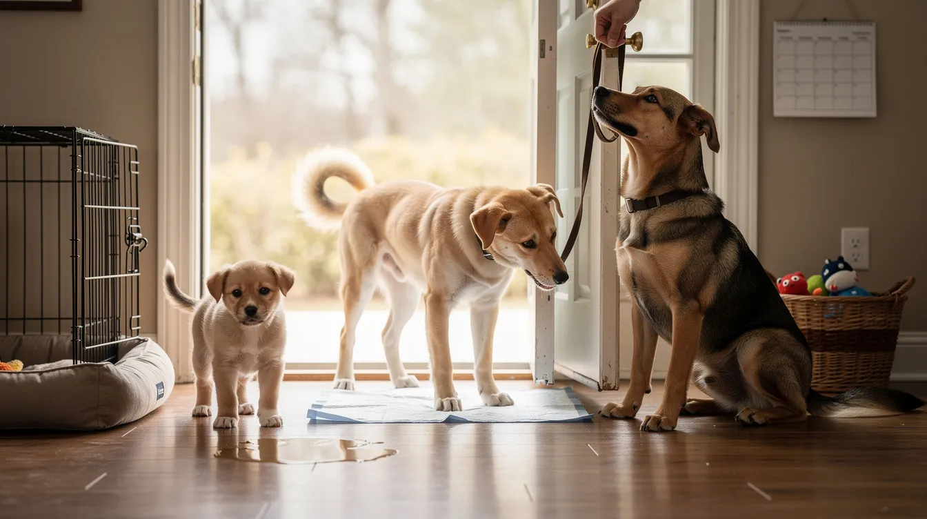 The image depicts a visual timeline illustrating the stages of puppy potty training, highlighting key milestones from a young puppy to an adult dog. It shows various scenarios, such as designated potty spots, positive reinforcement moments, and the expected duration for achieving full potty training, which is essential for new puppy owners.