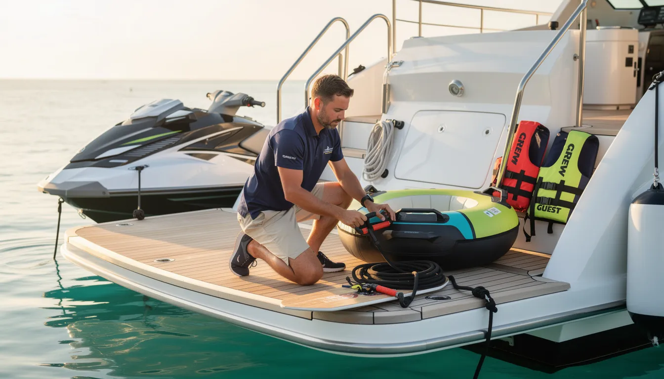 A professional crew member of Andare Oltre yacht is seen preparing water sports equipment on the platform, readying for an exciting sailing adventure. The scene captures the essence of a perfect vacation, highlighting the seamless experience offered by charter yachts in popular destinations like the Caribbean and the South Pacific.