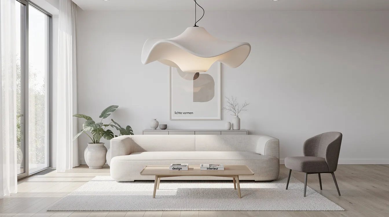 Een grote, dimbare hanglamp met een organische vorm hangt boven een lichte zithoek in een moderne woonkamer, waardoor de ruimte een sfeervol licht en een robuuste uitstraling krijgt. De lamp, gemaakt van zwart metaal en natuurlijke materialen, fungeert als echte eyecatcher onder het hoge plafond.