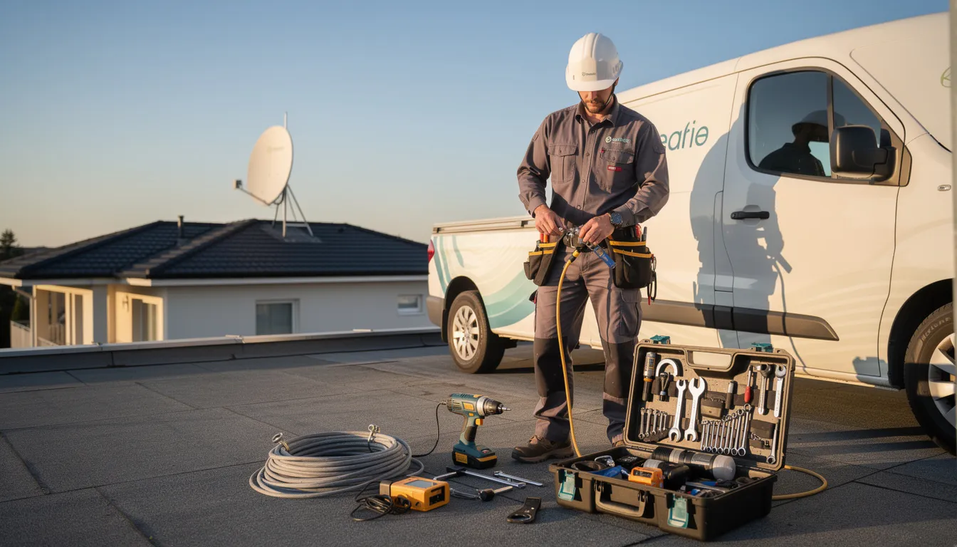 A professional technician is seen preparing for a satellite installation, surrounded by various tools and equipment necessary for the dstv dish installation process. The image highlights the technician's focus on providing quality service for dstv setups and installations.