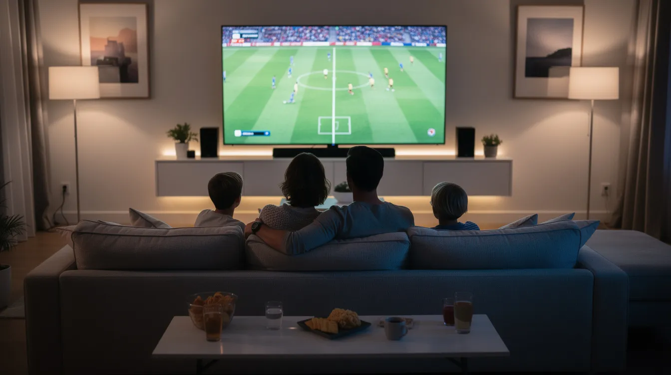 A family is gathered in a cozy living room, watching a sports match on a large smart TV, enhanced by ambient lighting. The scene captures the joy of streaming live TV channels through their IPTV service, creating an engaging entertainment experience.