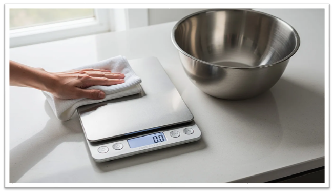 A stainless steel digital kitchen scale is being wiped clean with a cloth, positioned next to a large mixing bowl. The scale features a clear display for accurate measurements, making it a helpful tool for home cooks during baking and cooking.