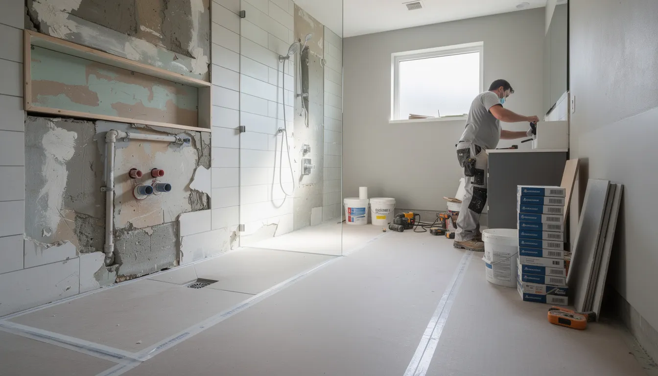 The image depicts a professional bathroom renovation in progress, showcasing protective flooring to safeguard the area. Skilled bathroom renovation specialists are busy transforming the space with modern fixtures and meticulous planning, ensuring a high-quality result for Auckland homeowners.