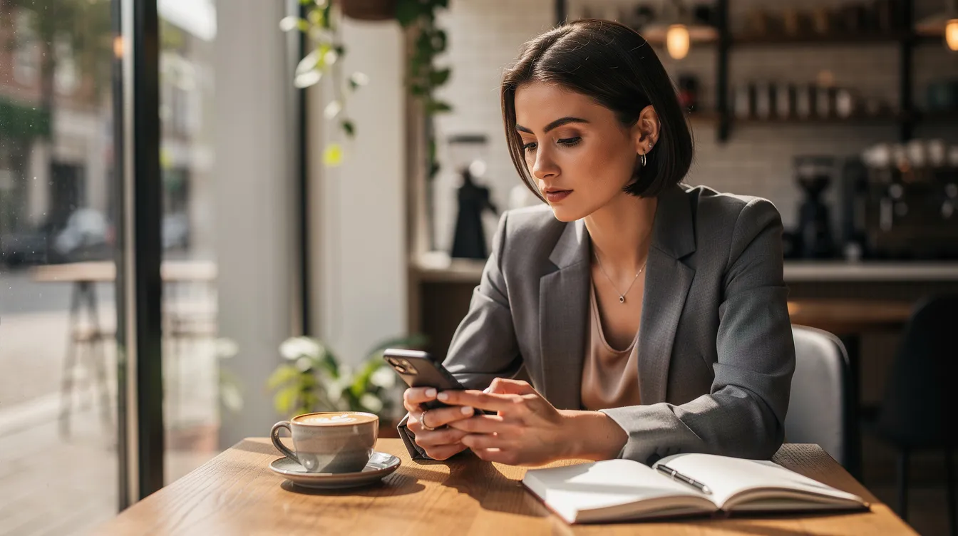 A young professional woman sits at a coffee shop, looking thoughtfully at her phone, possibly reflecting on her emotional connection in romantic relationships and the impact of different attachment styles on her interactions. The scene captures a moment of self-awareness, as she contemplates her own emotions and how they relate to secure and insecure attachment patterns in adult relationships.