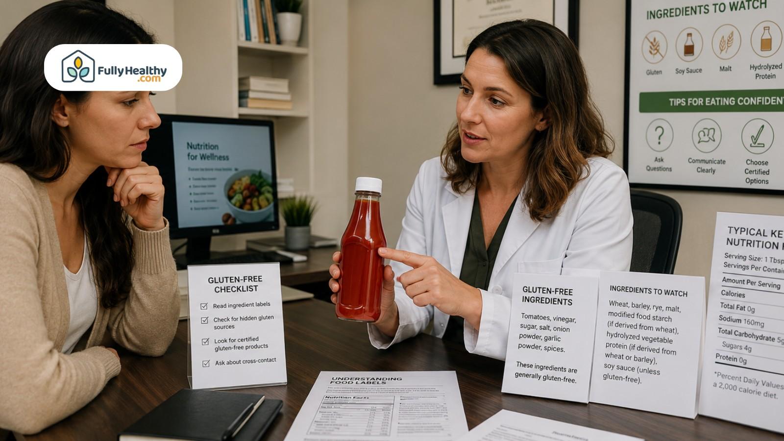 Dietitian explaining ketchup ingredients and gluten-free checklist to concerned client