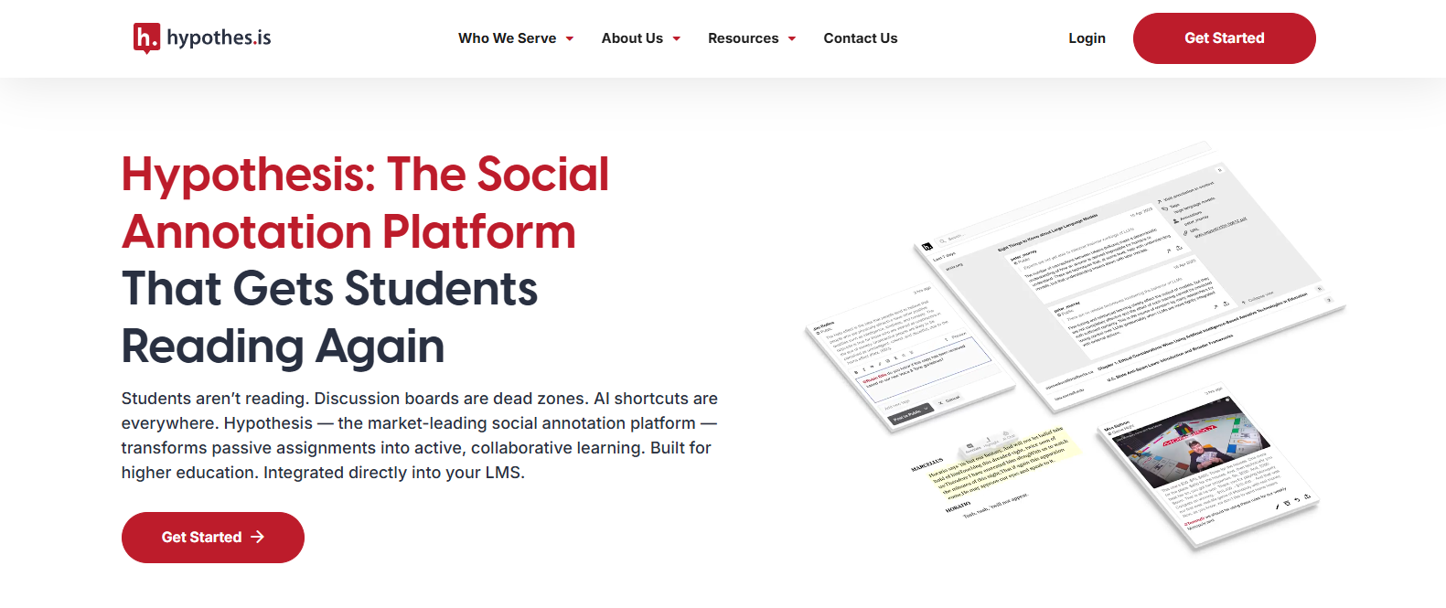 Hypothes.is homepage showcasing a social annotation platform that enables collaborative reading, document annotation, and LMS-integrated active learning for students.