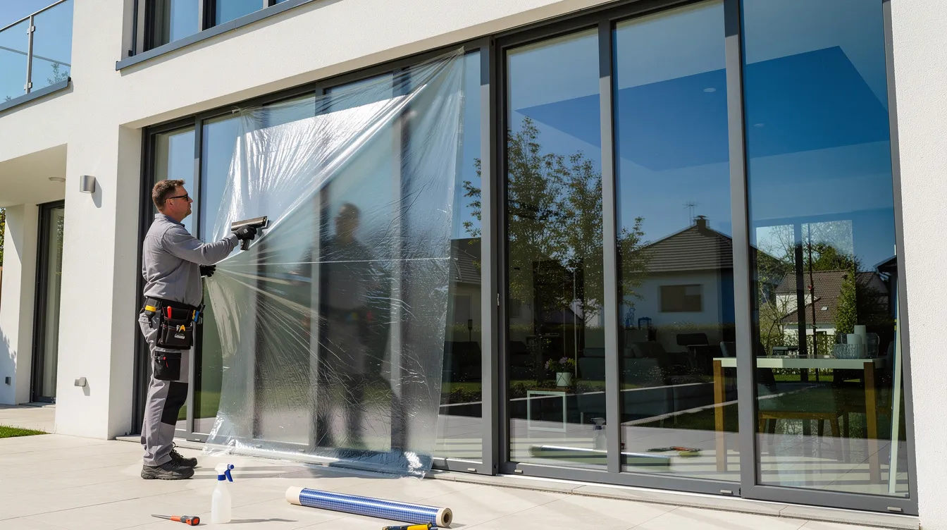 A technician is meticulously applying solar control window film to large glass panels on a modern residential home, showcasing a professional service aimed at enhancing energy efficiency for homeowners. This image reflects the booming home services industry, where skilled professionals contribute to property improvements and energy savings.