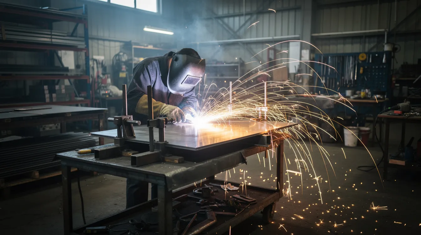 The image depicts a fabrication workshop where an experienced welder is using a welding gun on a thin steel panel clamped securely in a fixture, with bright sparks flying from the weld area. This scene illustrates the precision sheet metal fabrication process, showcasing the welding techniques involved in working with thin materials.