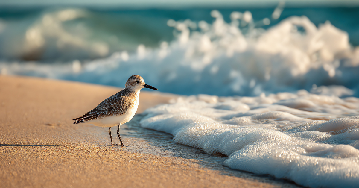 Shorebird standing near ocean waves on a Cape May beach in winter, highlighting the area’s birdwatching season