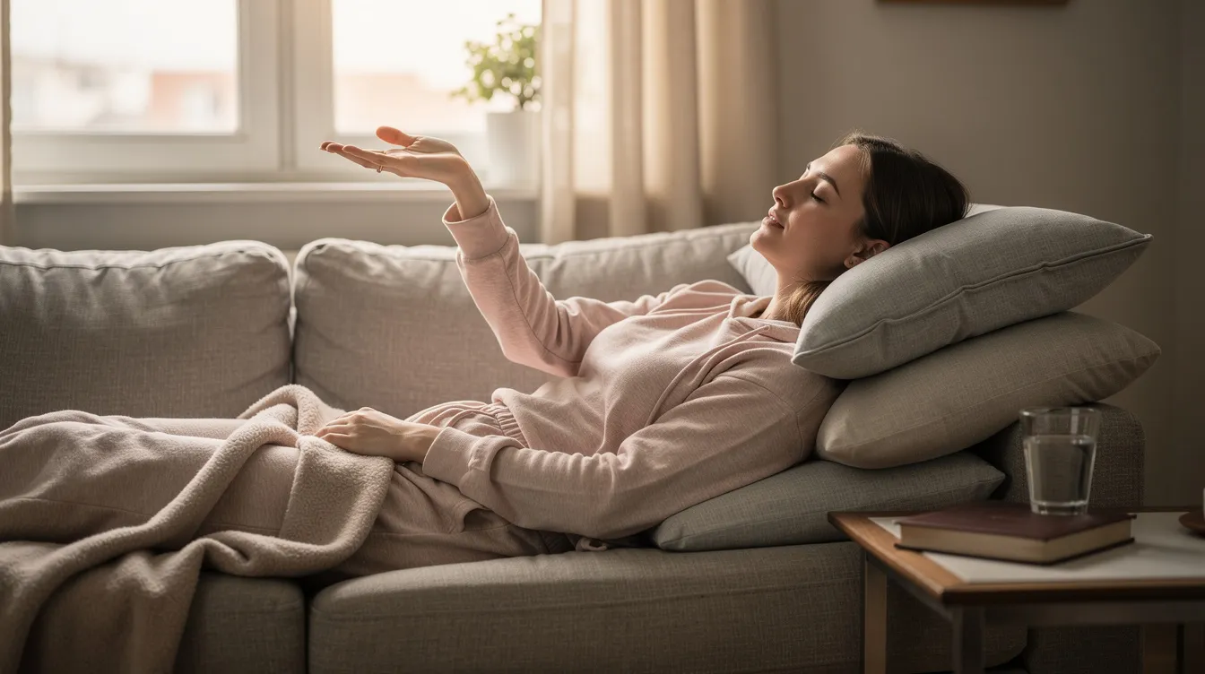The image depicts a person resting comfortably on a couch with their arm gently elevated on pillows, suggesting a focus on recovery after an arm lift surgery to address excess skin and fat. This peaceful scene highlights the importance of proper rest during the arm lift recovery process.