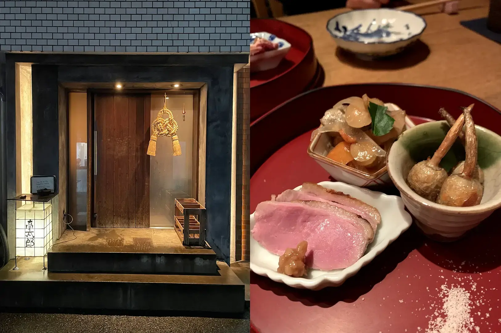 Kotaro in Shibuya shows a quiet entrance with a noren curtain and a table of assorted Japanese dishes on red plates.