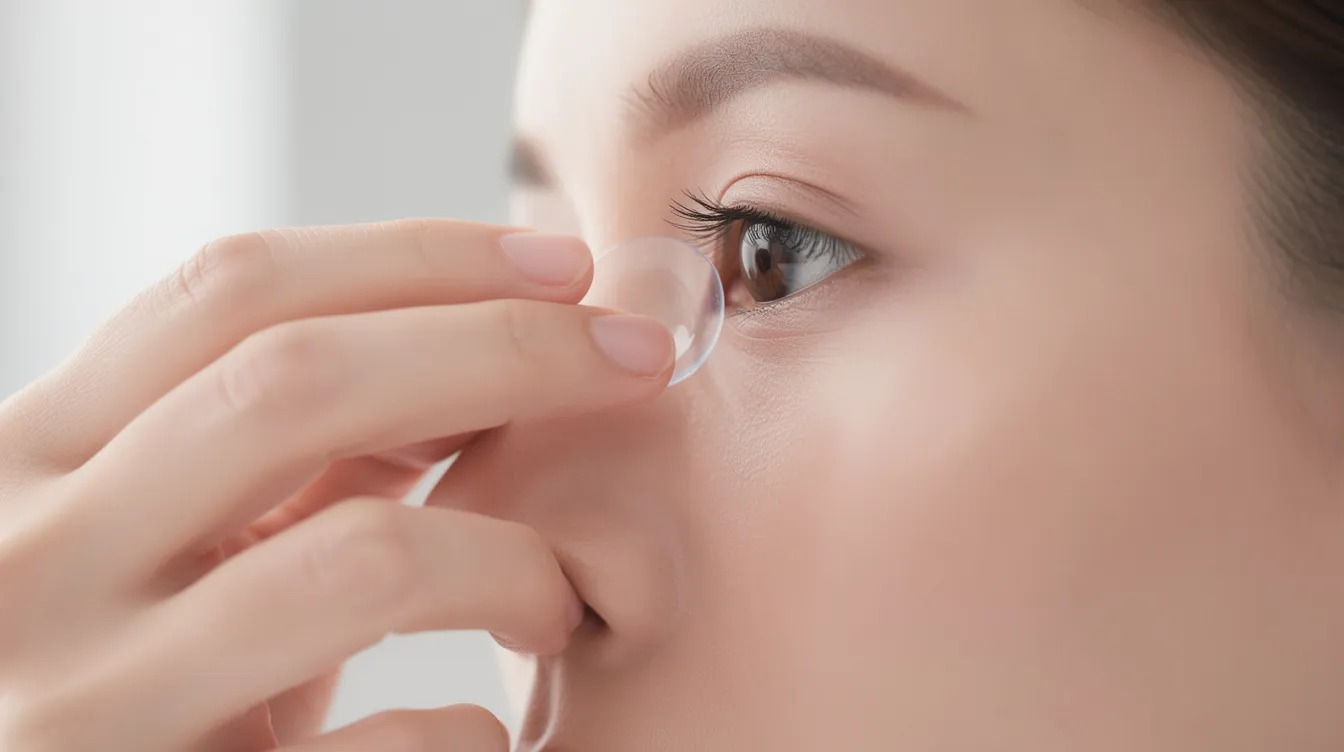 Uma pessoa está colocando uma lente de contato transparente no olho, com as mãos limpas, em um ambiente bem iluminado. A imagem demonstra a praticidade e conforto do uso de lentes de contato para correção da visão.