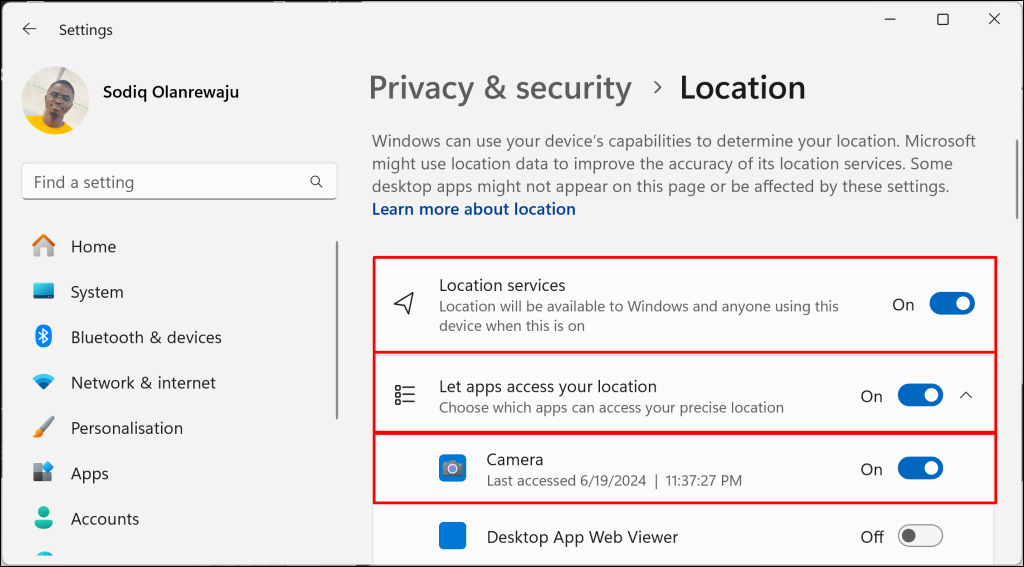 Location permission settings menu in Windows