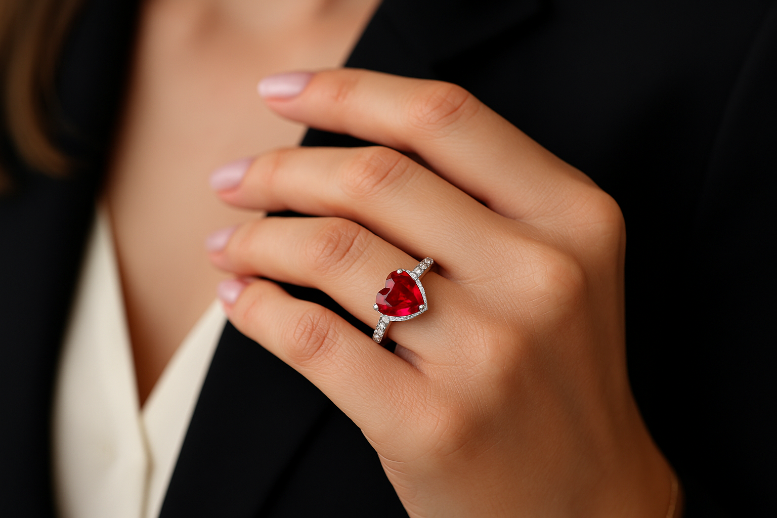 Žiedas su rubinu ant piršto modernus dizainas