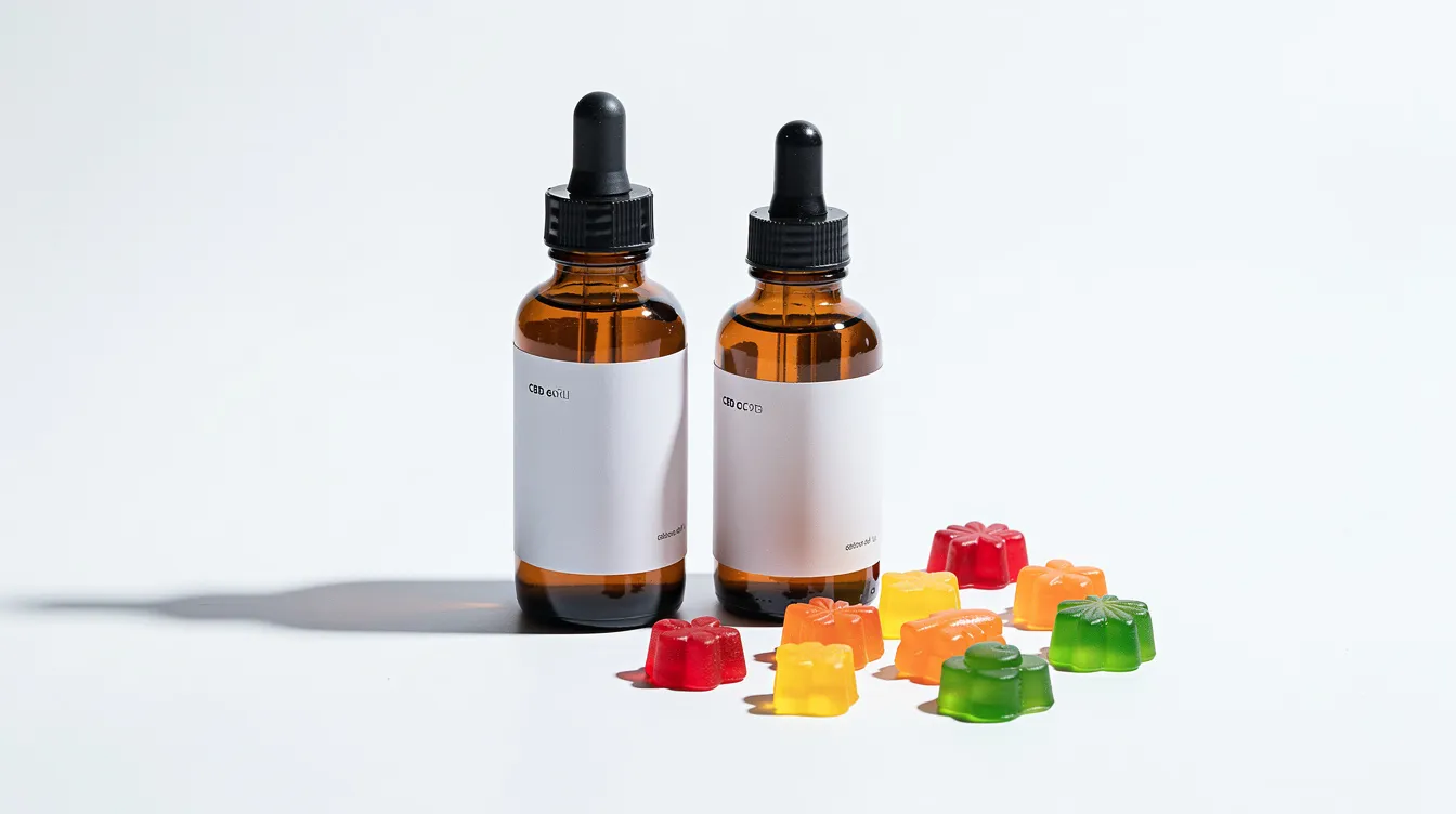 The image features amber glass CBD oil tincture bottles alongside colorful CBD gummies, all displayed on a clean white surface. This composition highlights popular hemp-derived CBD products, which are legal in Georgia under the Georgia Hemp Farming Act, making them accessible for those seeking relief from various medical conditions.