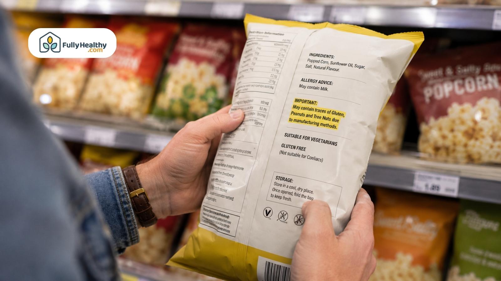 Shopper checking popcorn package label for gluten and allergen information in grocery store