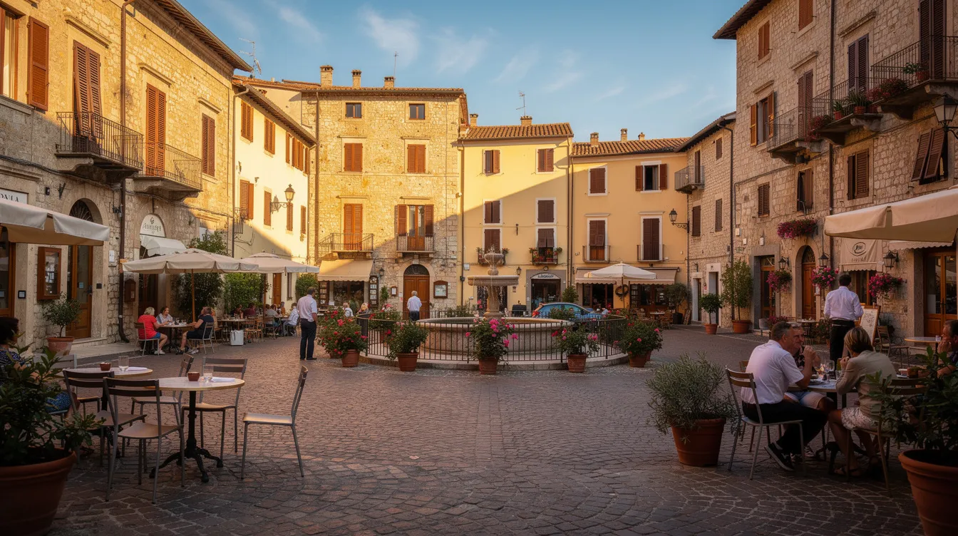 The image depicts a picturesque Italian piazza bustling with outdoor cafes, surrounded by historic buildings and cobblestone streets bathed in warm sunlight, showcasing Italy's rich cultural heritage. This vibrant scene reflects the welcoming atmosphere that international students, including Bangladeshi students, can experience while pursuing their higher education in Italy, where numerous scholarships and affordable tuition fees are available.