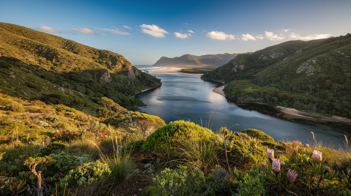 The image depicts a stunning scenic view of the Keurbooms River valley, surrounded by lush coastal vegetation, showcasing the natural beauty of Plettenberg Bay. This picturesque landscape offers a serene atmosphere, perfect for enjoying nature’s tranquility.