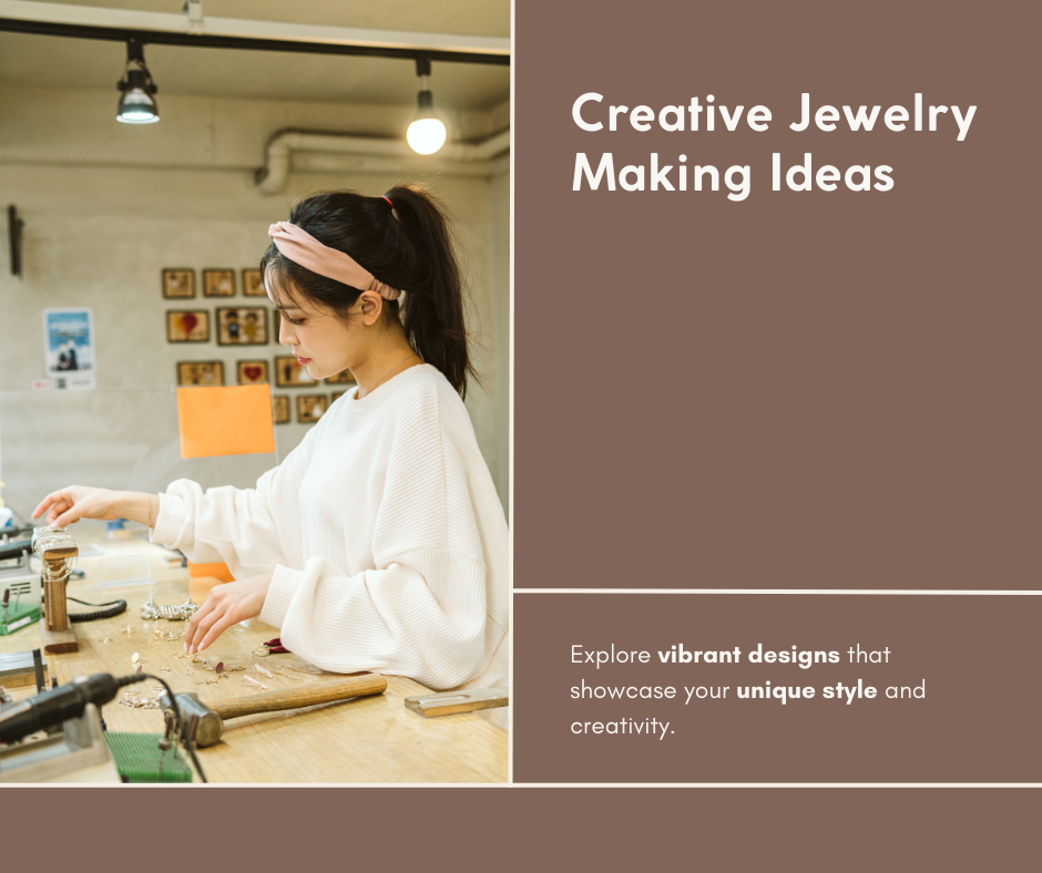“Close-up of vibrant jewelry pieces and craft tools, arranged in a modern layout for a DIY jewelry blog post.”