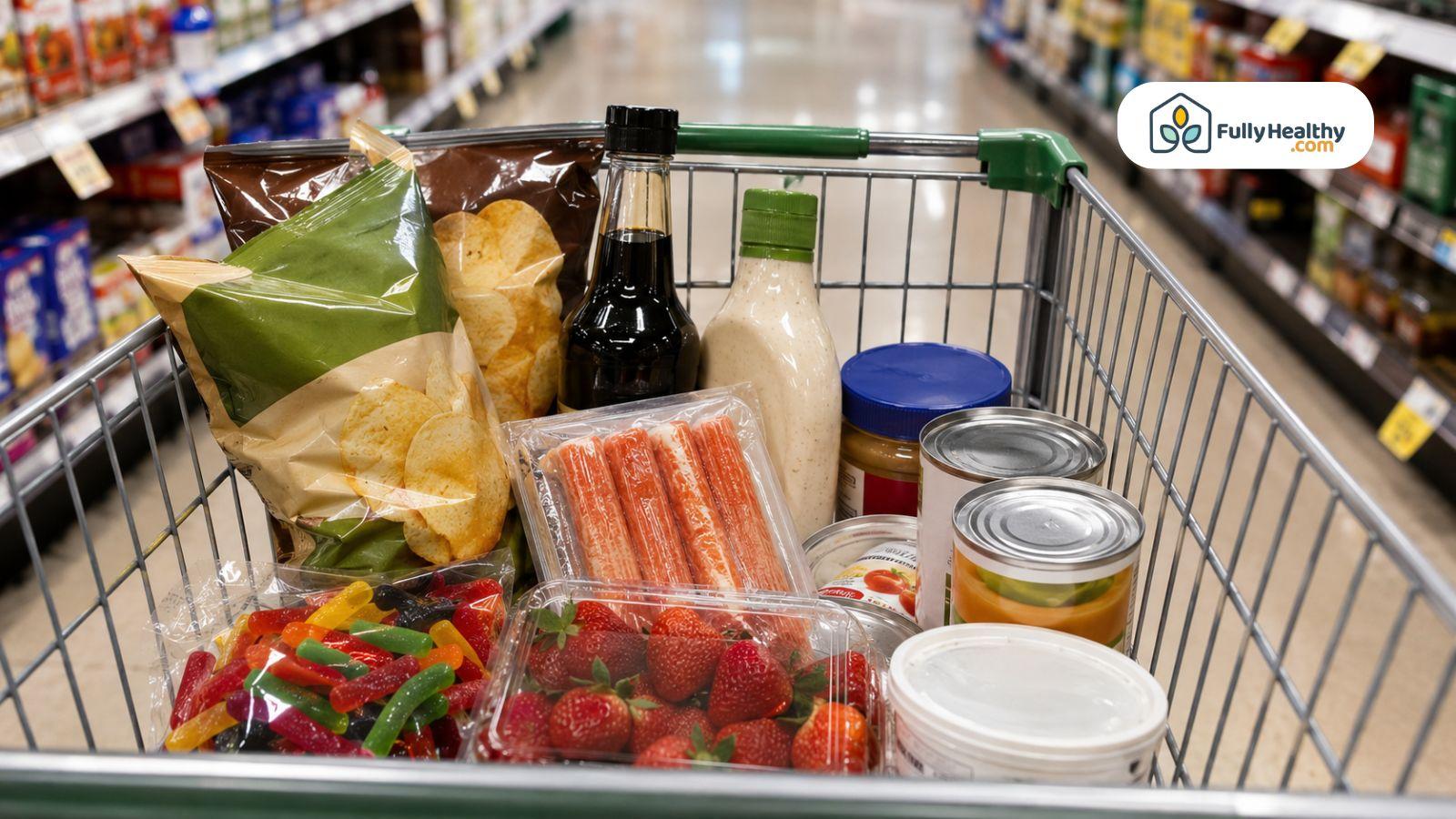 Grocery cart filled with soy sauce, imitation crab, salad dressing, flavored chips, canned soup, and licorice.