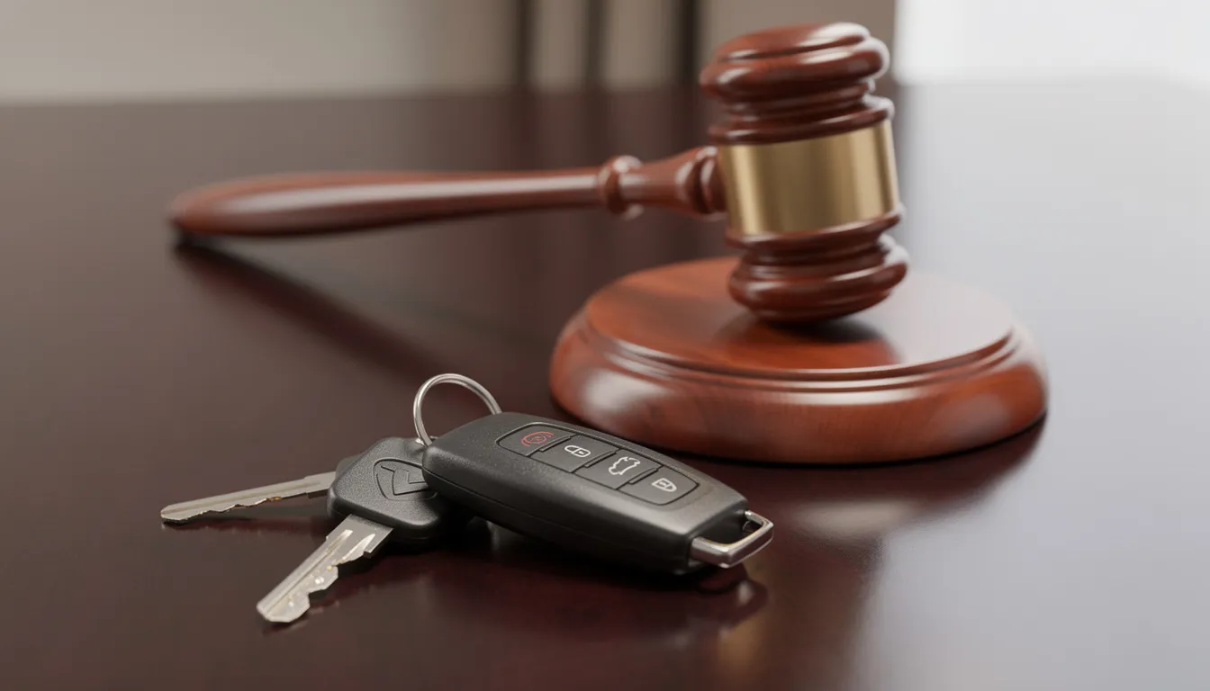 The image shows a set of car keys placed next to a wooden gavel on a desk, symbolizing the intersection of Tennessee law and DUI cases. This visual representation highlights the serious consequences of implied consent violations and the legal process involved in DUI charges.