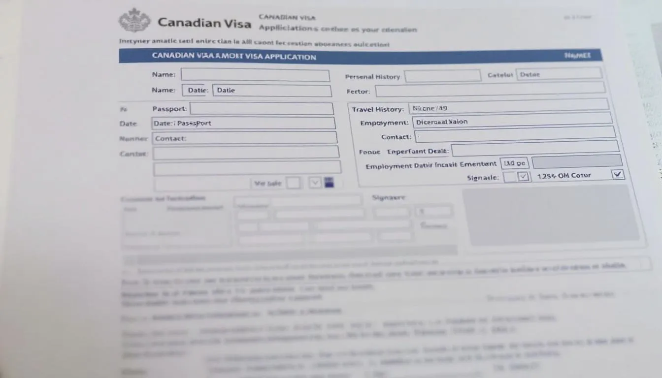 Une image représentant le processus de demande de visa pour le Canada, incluant des documents relatifs au permis d'études et au certificat d'acceptation du Québec. On y voit des formulaires et des informations sur les délais de traitement et l'expiration des permis.