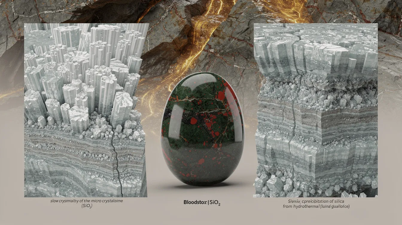 The image features a close-up view of a bloodstone, showcasing its unique microcrystalline structure with deep red spots against a dark green background. This natural stone, part of the chalcedony subgroup, is often used in jewelry like rings and earrings, symbolizing strength and vitality.