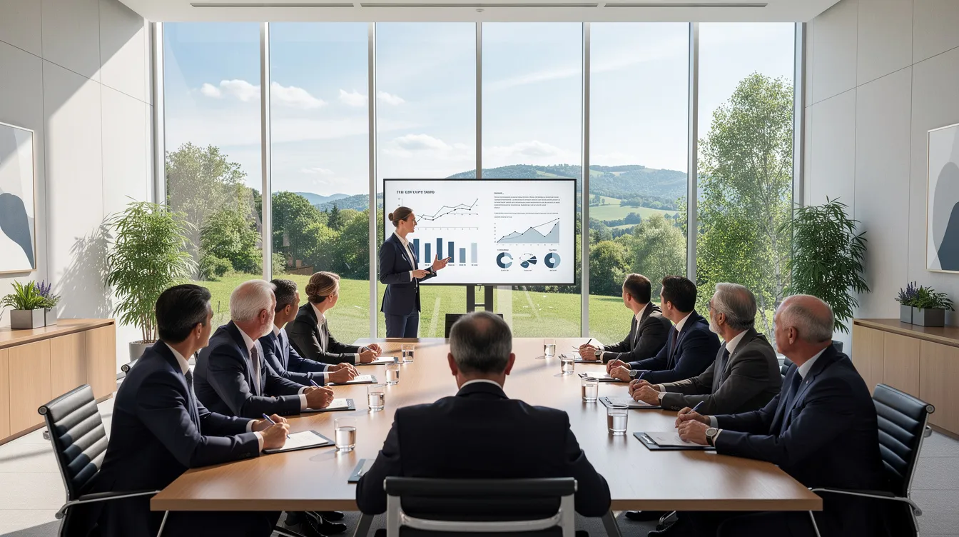 L'image montre des dirigeants en séminaire stratégique, réunis dans une salle lumineuse avec une vue sur la nature. Ils échangent des idées et établissent des relations de confiance au travail, favorisant la collaboration et le bien-être de l'équipe pour atteindre le succès de l'entreprise.