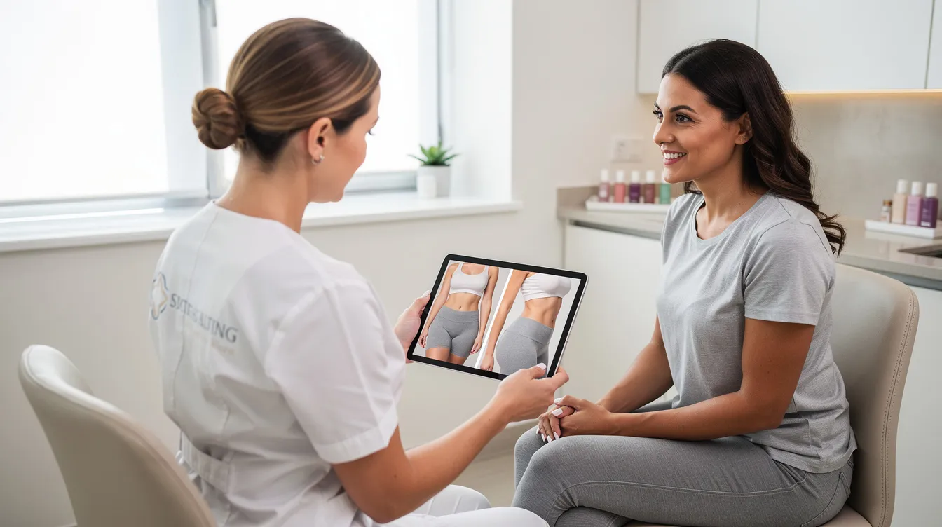 A med spa provider is showing a patient before-and-after photos of their body contouring progress on a tablet, highlighting the effective results of non-surgical body sculpting treatments. The images illustrate the patient's journey in reducing stubborn fat and tightening skin, showcasing the potential for exceptional results through personalized treatment plans.