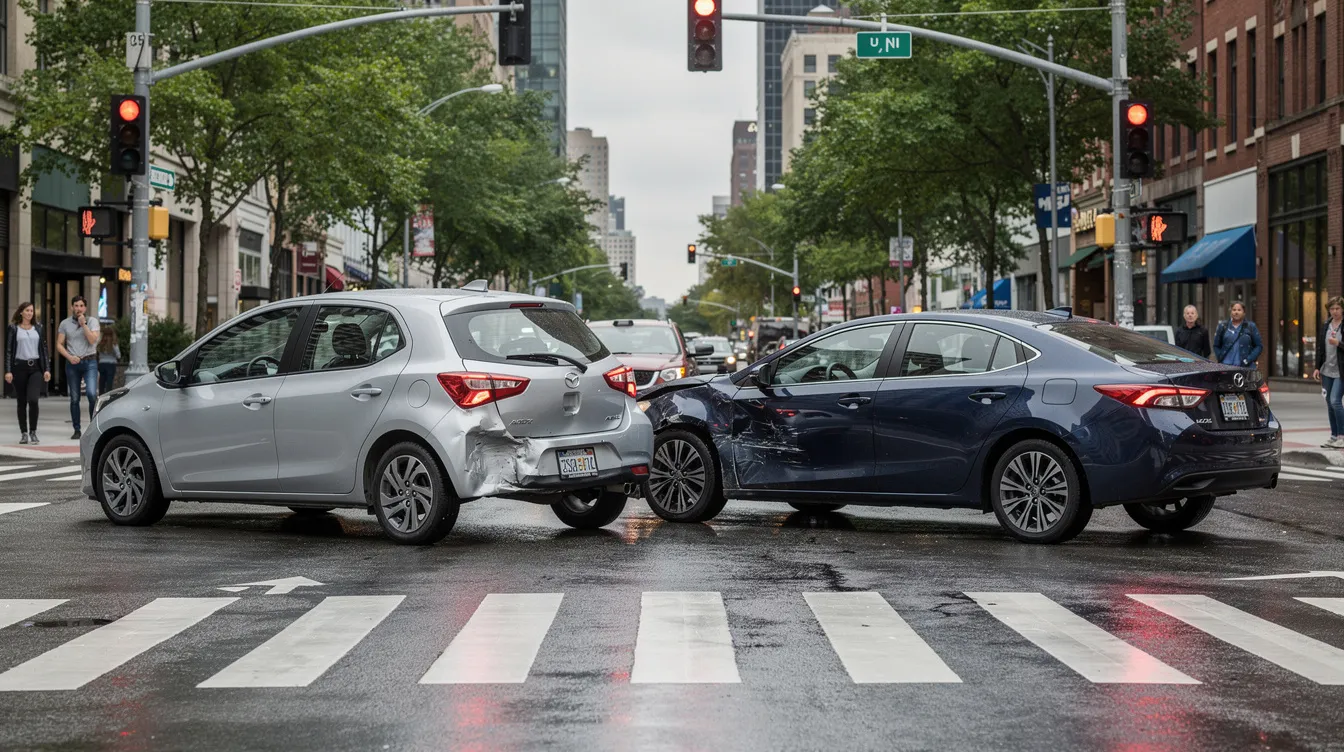 The image shows two cars that have just been involved in a minor collision at an intersection, with minor damage visible on both vehicles. This scenario often leads to discussions about insurance claims and the potential for bad faith practices by insurance companies regarding fair settlements and coverage.